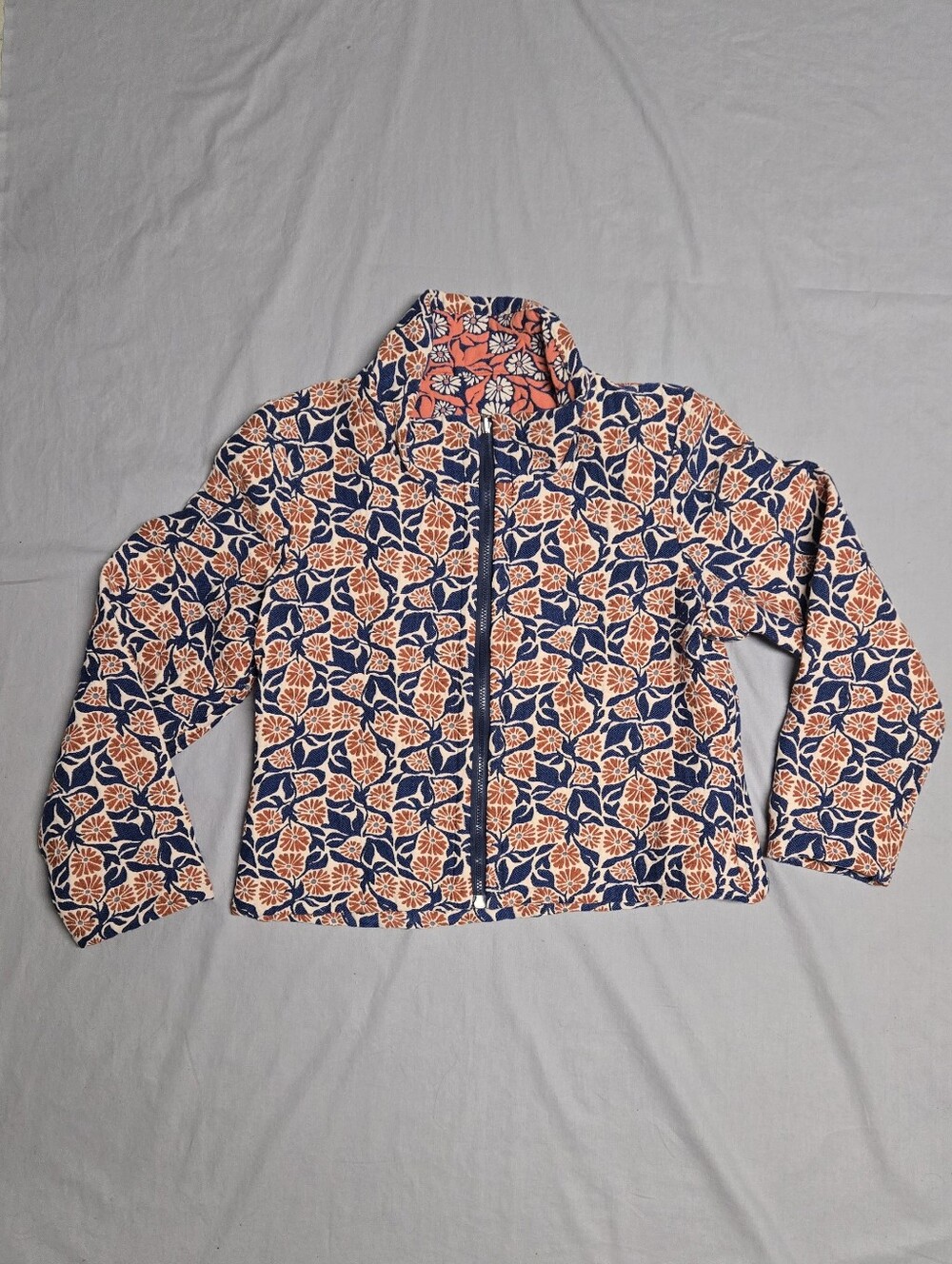 Véronique d'Aragon Floral Pattern Zip-Up Reversable Jacket Blue Orange Size 12